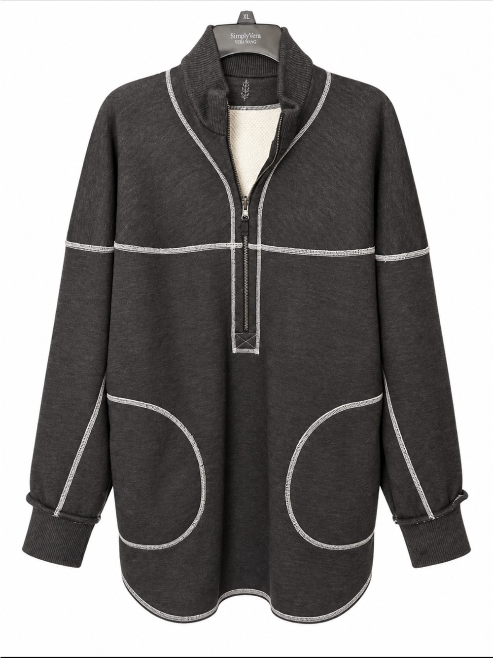 Free People Women’s Charcoal Zip-Neck Pullover with Contrast Stitching
